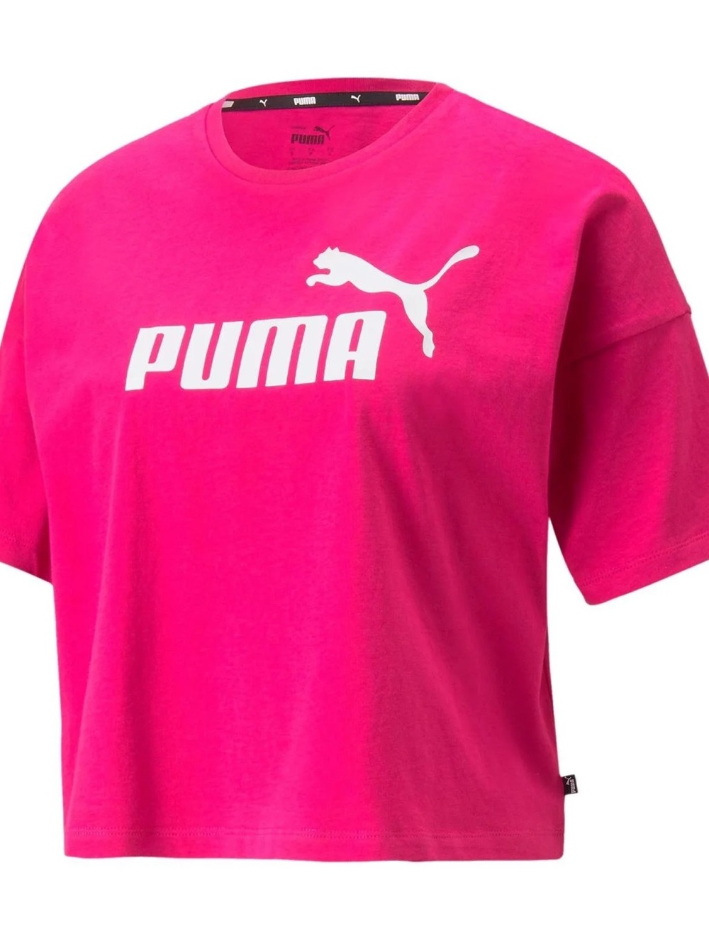 PUMA Essentials cropped logo t-shirt in bright pink size Large